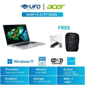 Ufoelektronika Acer Laptop A3SP14-31PT-35GN 14 Intel I3-N305 Ram 8GB 512G
