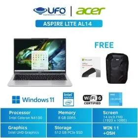 ACER ASPIRE LITE AL14 INTEL N100 8GB 512GB W11+OHS 14.0 WUXGA SLV -31P.C0G4